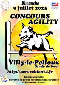Dimanche 9 juillet 2023 - Concours agility - Villy le Pelloux stade de foot - Info : https://acrocchien74.fr - entrée gratuite - buvette et petite restauration sur place - GPS : 45.997204 – 6.144815